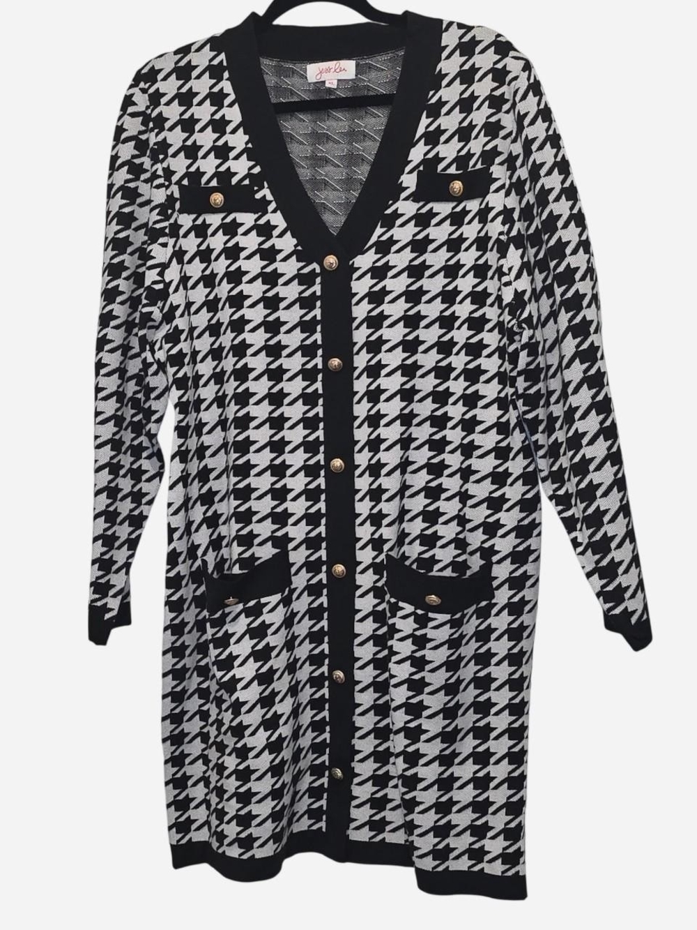 Black & White Houndstooth Long Sleeve Knit Dress